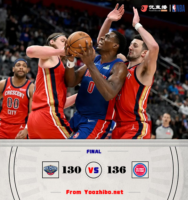 活塞136-130戰勝鵜鶘 霍蘭26+5+6 杜倫22+12 麥科勒姆空砍40+5+7