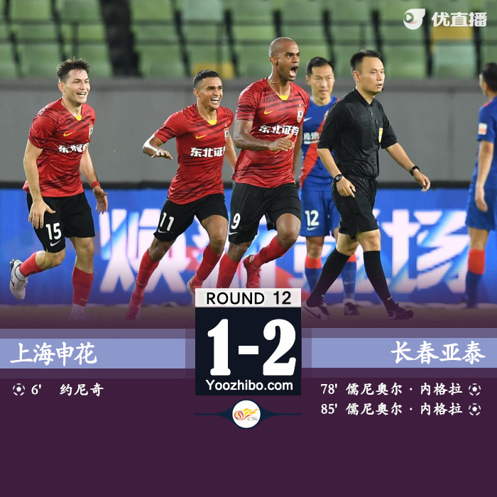 長春亞泰2-1上海申花  儒尼奧爾雙響秦升送點