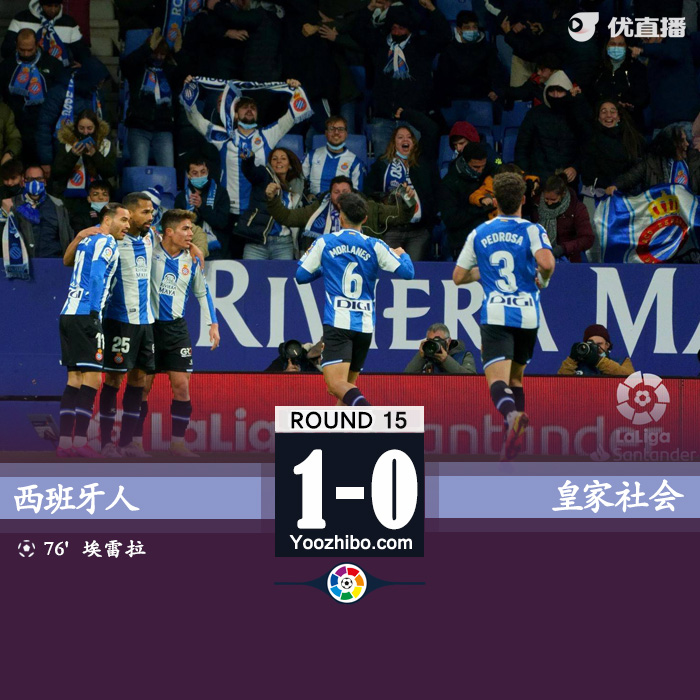 西班牙人1-0皇家社會 武磊替補出戰+趟大失單刀埃雷拉制勝球